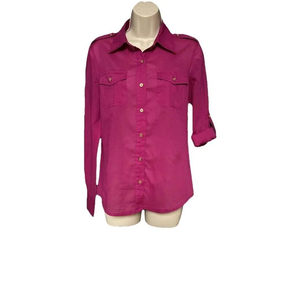 Tory Burch Pink Button Up Shirt Size 6 Semi Sheer Cotton Gold Buttons